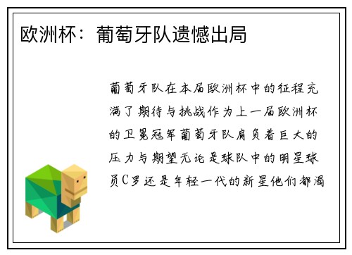 欧洲杯：葡萄牙队遗憾出局