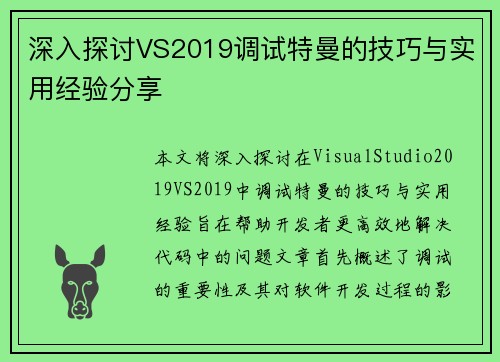 深入探讨VS2019调试特曼的技巧与实用经验分享